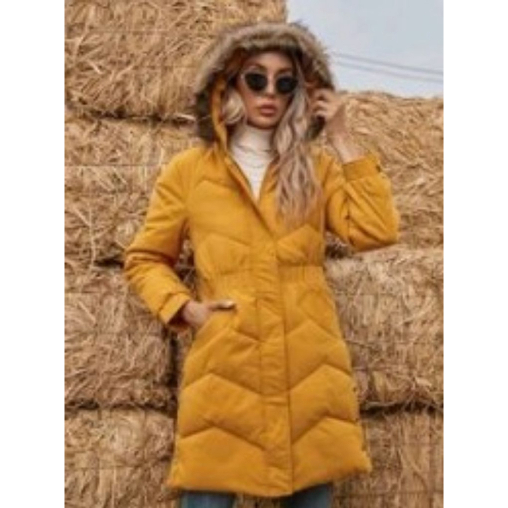 NWOT Women's SHEIN Mustard Puffer Jacket with Gray Faux Fur Hood, Size XL